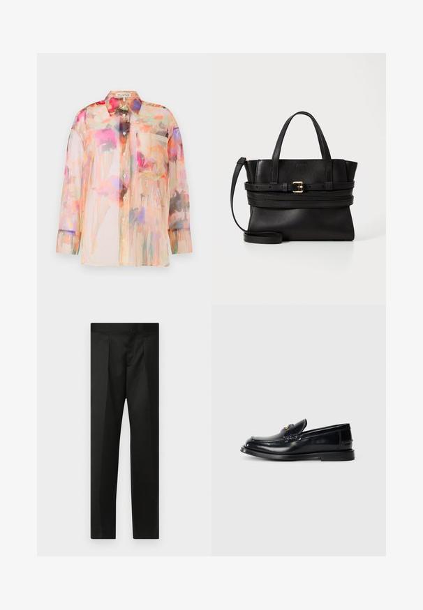 Sheer, long-sleeved blouse in pastel colors with a floral watercolor pattern, featuring a collar, front buttons, and a chest pocket.; Black trousers featuring a smooth fabric, tailored design, straight legs, and a flat waistband with no visible closures or pockets.; Black leather loafer featuring a stitched design, a small front flap, and a flat rubber sole. Smooth texture with gold-tone hardware accent.; Black leather handbag with structured design, dual top handles, detachable strap, and gold buckle accent on a horizontal band.