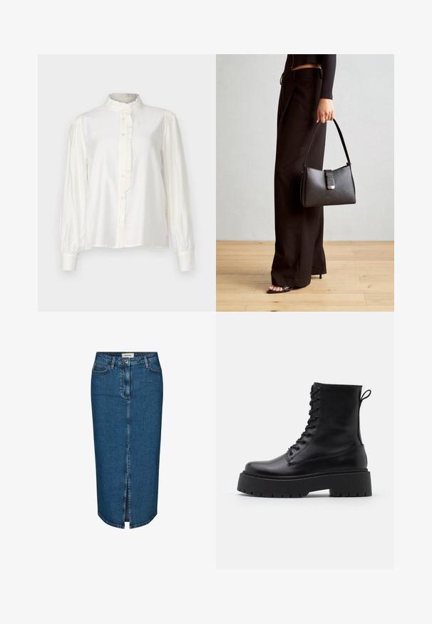 ICHI KARLANI - Cămașă - cloud dancer; Fustă tip creion din denim de culoare albastru închis, cu o fanta frontală, cinci buzunare și cusături contrastante. Talie medie cu un design clasic.; Botine din piele neagră, până la gleznă, cu vârful rotund, șireturi în față și o talpă groasă din cauciuc cu un model texturat. Fâșie de tragere la spate.; Genți negre cu o formă structurată, textură netedă și un închizător metalic. Asortată cu pantaloni negri largi și sandale cu vârf deschis pe un podea din lemn.