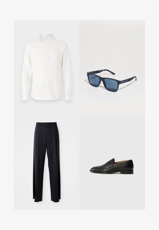 Tiger of Sweden FILBRODIE - Shirt - soft beige; Black, high-waisted trousers with a wide-leg cut, made of smooth fabric. Features front pleats and belt loops. Minimalistic design, no visible hardware.; Black leather loafer with a rounded toe, subtle stitched detailing, and a low heel, featuring a smooth texture and minimalist design.; Blue rectangular sunglasses with dark lenses, matte navy frame, logo detail on the temple, straight arms, and a solid, smooth texture.