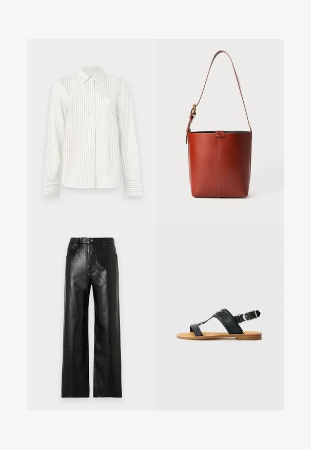 White button-up shirt with vertical light gray and blue stripes, long sleeves, standard collar, and straight cut at the hem.; Black leather wide-leg pants with a glossy finish, featuring front pockets, a zip fly, and a button closure. Smooth texture throughout.; Black leather sandal with adjustable buckle, flat tan sole, and two wide straps crossing over the foot, minimalistic design.; Brown leather bucket bag with adjustable shoulder strap and gold-tone buckle, simple vertical seam detail on front.