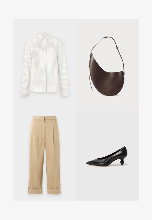 White button-up shirt with vertical light gray and blue stripes, long sleeves, standard collar, and straight cut at the hem.; Beige, wide-leg trousers with two front pleats, rolled cuffs, and a smooth texture. Made of lightweight fabric, offering a relaxed fit.; Black leather high heel shoe with a pointed toe and a round, balled heel. Smooth texture with a sleek, minimal design.; Brown leather handbag with a curved shape, single strap, and minimalistic design. Features a subtle logo and gold hardware accents.