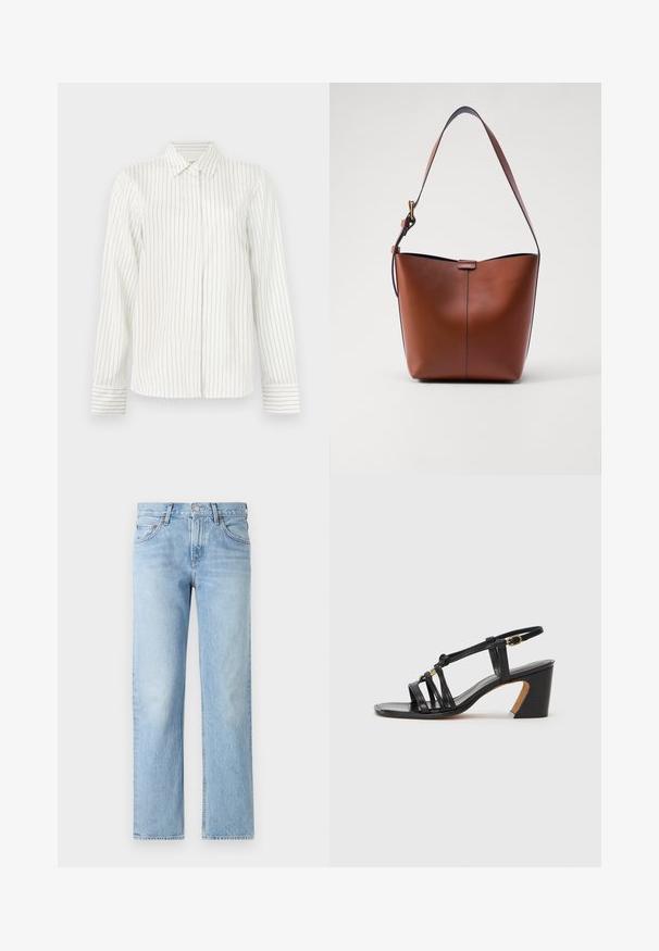 White button-up shirt with vertical light gray and blue stripes, long sleeves, standard collar, and straight cut at the hem.; Light blue denim jeans with a straight fit, five-pockets, button and zipper closure, and a slightly faded finish.; Paul Smith AMIRA - Classic heels - black; Brown leather shoulder bag with a curved shape, smooth texture, and a single thin strap. Features a subtle seam and a small logo detail.