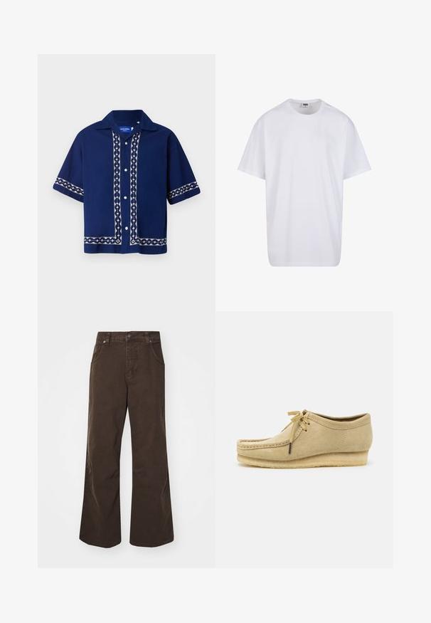 Jūras spēku īsām piedurknēm krekls ar baltu izšūtu rakstu priekšpusē, apkaklē un piedurknēs. Ar pogām aizdarāms dizains ar brīvu piegriezumu.; Balta kokvilnas T-kreklu ar īsām piedurknēm, apaļu kakla izgriezumu, brīvu piegriezumu un bez redzamām logo vai rakstiem. Gluda tekstūra un minimālistisks dizains.; Brūni plaša piegriezuma bikses, kas izgatavotas no kokvilnas, ar augstu jostasvietu, priekšējiem kabatām un gludu tekstūru. Apdare ietver smalkas šuvju detaļas.; Bēša zamšādas kurpe ar auklām, ar šuvju detaļām un gumijas zoli. Forma ir ikdienas, ar nedaudz paceltu papēdi.