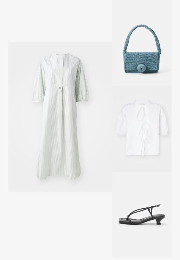 White puff-sleeve blouse made of lightweight fabric, featuring a tie closure at the neck and a slightly loose fit for comfort.; Striped dress in light green and white, featuring a round neckline, short puff sleeves, and a button closure at the back.; Black leather sandal with thin straps, low block heel, and square toe. Features a buckle closure and smooth texture.; Woven blue handbag with a textured surface, rectangular shape, short handle, and a large round closure detail on the front.