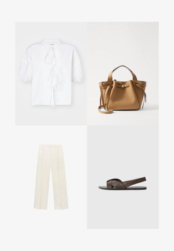 Blusa bianca con maniche a sbuffo realizzata in tessuto leggero, caratterizzata da una chiusura con laccio al collo e una vestibilità leggermente ampia per un maggiore comfort.; Pantaloni a gamba larga di un leggero colore crema. Realizzati in un tessuto morbido con pieghe sul davanti e tasche laterali.; Sandalo in pelle marrone con design a cinghia incrociata, suola nera piatta e cinturino posteriore regolabile. Texture liscia e dettagli hardware minimi.; Tory Burch ROMY PEBBLED SATCHEL - Borsa a mano - tiramisu