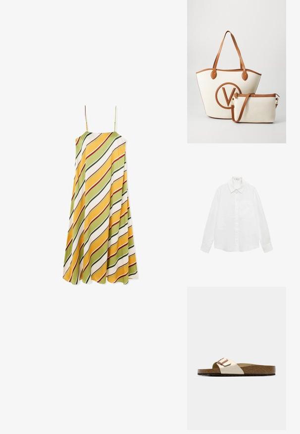 Witte langslavige knoopsluiting shirt gemaakt van lichtgewicht stof met een klassieke kraag, een enkele borstzak en een rechte zoom.; Een mouwloze jurk met een vloeiende vorm, voorzien van diagonale strepen in groen, geel en wit met rode accenten, gemaakt van een zachte stof.; Slide-sandaal met een lichte metallic bovenkant, kurken voetbed en een gestructureerde bruine rubberen zool. Gespdetail met logo-accent.; Canvas schoudertas in crème met bruin leren accenten, voorzien van een prominent cirkelvormig V-logo. Inclusief een kleine bijpassende crossbody tas.