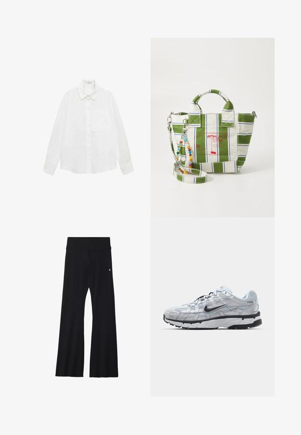 Witte langslavige knoopsluiting shirt gemaakt van lichtgewicht stof met een klassieke kraag, een enkele borstzak en een rechte zoom.; Witte geribbelde tanktop met een ronde halslijn en brede bandjes. Zachte stoftextuur en gestikte randen. Eenvoudig, getailleerd ontwerp.; Zwarte flared yoga broek van rekbaar materiaal, met een brede tailleband en een klein logo nabij de heup. Glad textuur, geen patronen.; Nike P-6000 sneakers met een lichtgrijze mesh bovenkant, zwarte accenten en een duurzame zwarte rubberen zool. Kenmerkt zich door een ingewikkeld ontwerp en vetersysteem.; Canvas boodschappentas met groen en witte gestreept ontwerp, voorzien van rode postgraphics. Inclusief een afneembare kralenriem en dubbele handvatten.