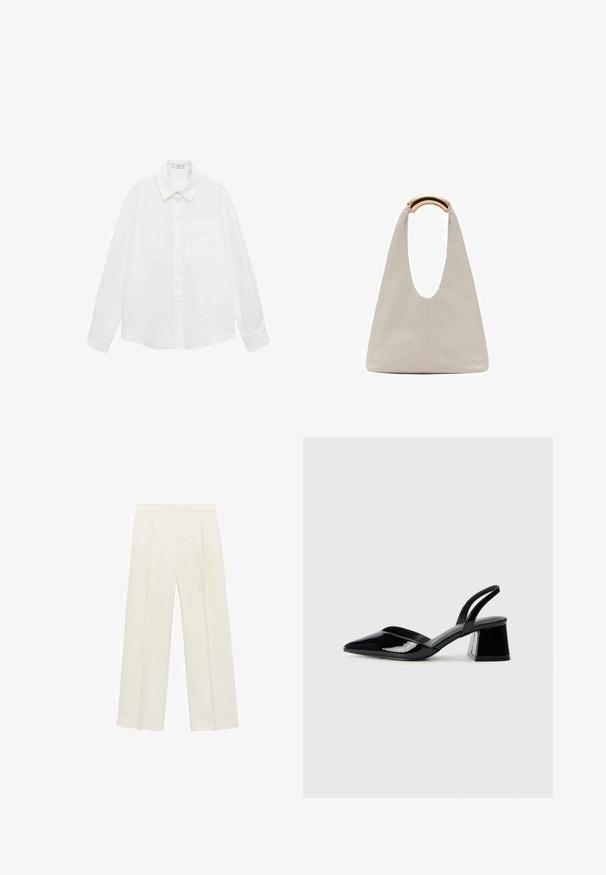 Bela srajca z dolgimi rokavi in gumbom, izdelana iz lahkega materiala, s klasičnim ovratnikom, enim žepom na prsih in ravnim robom.; Hlače širokih nogavic v svetli kremni barvi. Narejene iz gladkega materiala s plitkimi naborki spredaj in stranskimi žepi.; Črne lakirane slingback pete s koničastim nosom in geometrijsko blokasto peto. Imajo eleganten, minimalističen dizajn in gladko teksturo.; Svetlo siva usnjena torba z U-oblika zasnovo in ukrivljenim kovinskim ročajem. Gladka tekstura z minimalnim šivom in brez vidnih vzorcev.