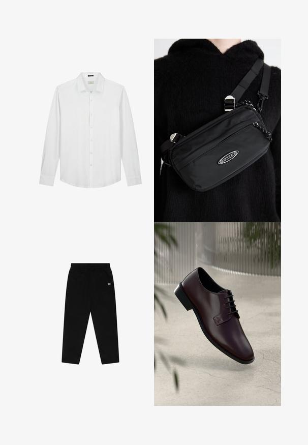 Camicia bianca a maniche lunghe, colletto button-down, texture morbida, tessuto liscio, logo discreto sul petto e vestibilità classica con orlo curvo.; Pantaloni da tuta neri con elastico in vita, gambe affusolate e un piccolo logo bianco sul lato superiore. Tessuto morbido con una consistenza liscia.; Scarpa in pelle bordeaux con finitura liscia, punta arrotondata e allacciatura nera. Presenta un piccolo logo sul lato e una suola nera robusta.; Borsa a tracolla nera in nylon con tracolla regolabile, caratterizzata da una texture liscia, una tasca con zip frontale e un accento con logo.