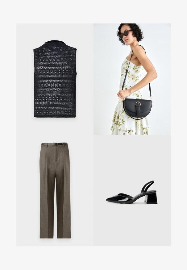 Črna čipkasta jopica s teksturiranim vzorcem in cvetličnimi motivi, brezrokavnega dizajna in visokim ovratnikom, izdelana iz lahkega materiala.; Rjave krojene hlače s ravnim krojem, z gladkim materialom, zanko za pas in ravnim sprednjim delom.; Črne lakirane slingback pete s koničastim nosom in geometrijsko blokasto peto. Imajo eleganten, minimalističen dizajn in gladko teksturo.; Črna usnjena torbica s ukrivljeno obliko, z odstranljivo naramnico in zlatimi dodatki. Torbica ima pokrov s podrobnostmi v obliki zaponke.