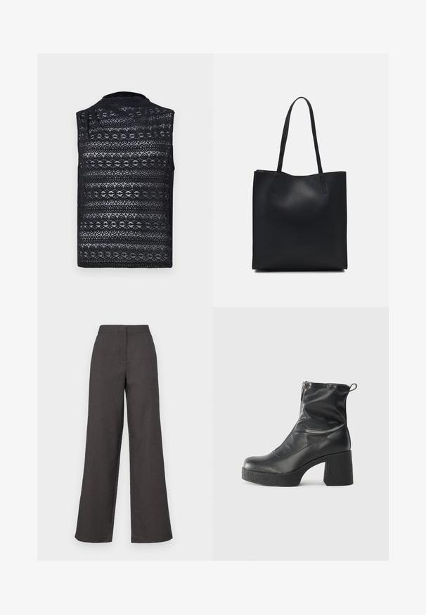 Black lace vest featuring a textured pattern with floral motifs, sleeveless design, and a high neckline, made from a lightweight fabric.; Wide-leg trousers in dark gray fabric, featuring a high waist and smooth finish. Clean lines with no visible patterns or embellishments.; Black ankle boots made of smooth leather, featuring a side zipper, chunky textured heel, and rounded toe design.; Black leather tote bag with smooth texture, rectangular shape, and two long handles. No visible hardware or embellishments.