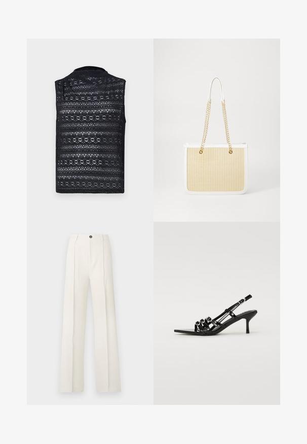 Svarte blondetop med et teksturert mønster med blomstermotiv, uten ermer og høy hals, laget av et lett stoff.; Hvite, vide bukser med høy midje, med to frontplisser, enkel knappelukking og lommer. Glatt stoffstruktur.; Sorte slingback høyhælte sko med spiss tå, med flere smale stropper og sirkulære detaljer over fronten.; Beige flettet stråveske med hvit skinnkant, doble gullkjedehåndtak og rektangulær form. Overflaten har et teksturert mønster.