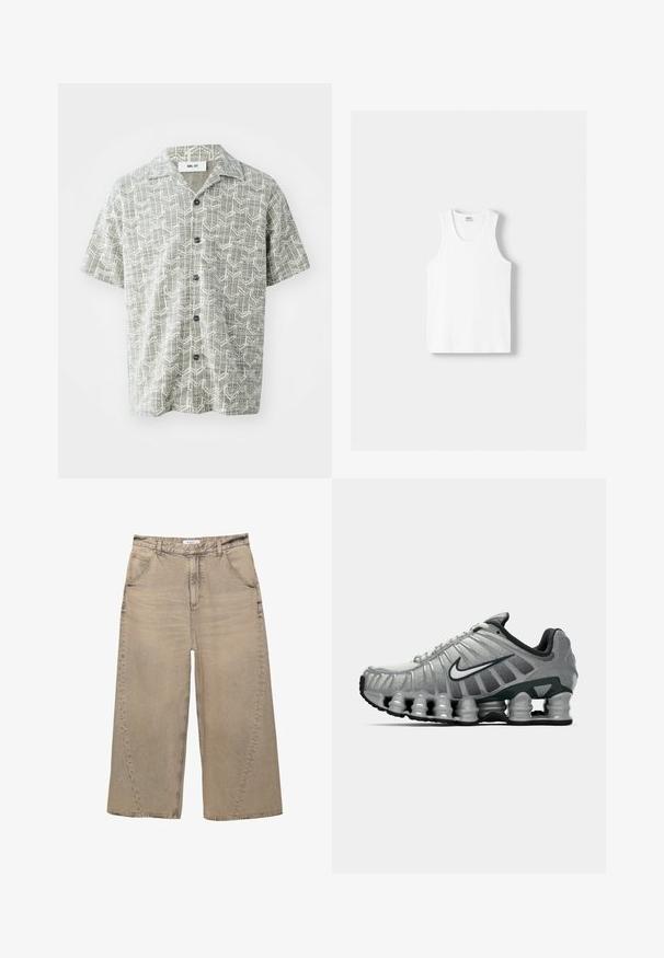 Majica s kratkim rukavima u svijetlo sivoj boji s geometrijskim bijelim uzorkom. Ima izrezanu kragnu i pet crnih dugmadi sprijeda.; Bijeli pamučni majica bez rukava s okruglim izrezom, širokim naramenicama i ravnim rubom, s glatkom teksturom i bez vidljivih uzoraka.; PULL&BEAR MEGA BAGGY - Vrećaste traperice - light grey; Sive i crne Nike trkaće cipele s vidljivim opružnim jastučićem ispod đona i bijelim swoosh logotipom sa strane.