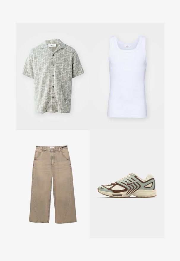 Korte mouwen shirt in lichtgrijs met een geometrisch wit patroon. Heeft een geknipt kraagje en vijf zwarte knopen aan de voorkant.; Witte katoenen mouwloze tanktop met een ronde halslijn, met een gladde textuur en een aansluitende pasvorm, ontworpen voor casual gebruik.; PULL&BEAR MEGA BAGGY - Baggy jeans - light grey; Lichtblauwe en bruine sneaker met een gestructureerd mesh bovenwerk, gelaagd ontwerp, reflecterende accenten en een gevoerde crèmekleurige tussenzool.