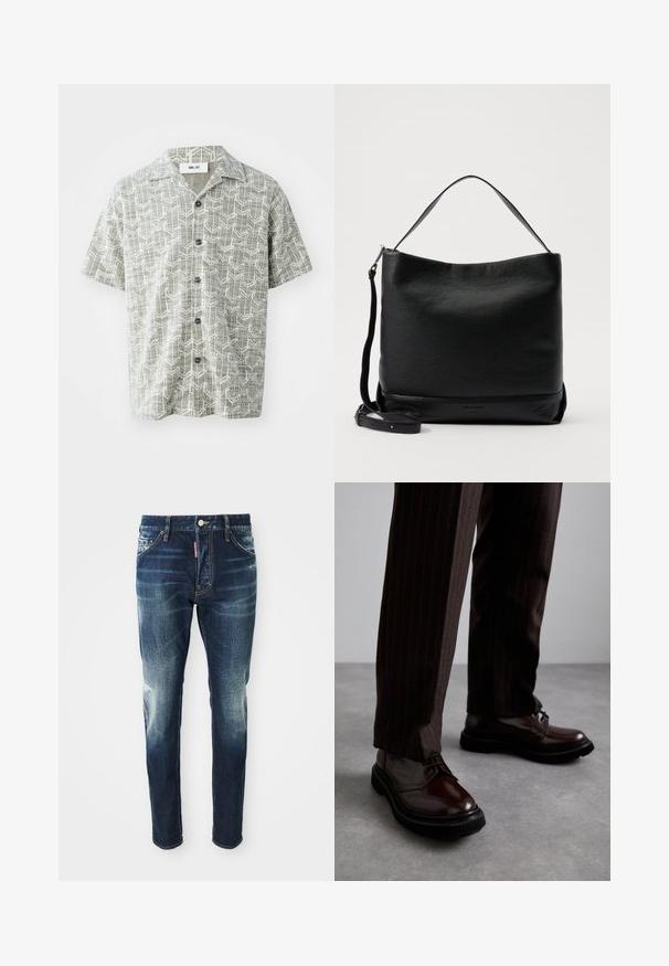 Kurzarmhemd in Hellgrau mit einem geometrischen weißen Muster. Verfügt über einen aufgeschlagenen Kragen und fünf schwarze Knöpfe vorne.; Weißes Baumwoll-Top ohne Ärmel mit rundem Ausschnitt, ausgestattet mit einer glatten Textur und einer figurbetonten Form, ideal für die Freizeit.; Dunkelblaue Jeans im Slim-Fit-Schnitt, mit verwaschenen Stellen an den Oberschenkeln und Knien, fünf Taschen und einem Metallknopfverschluss.; Braune Leder Schnürschuhe mit glänzender Oberfläche, schwarzer Gummisohle und dezenten Nähten. Getragen mit braunen Angabenhosen mit Nadelstreifen.; Schwarze Schultertasche aus Leder mit strukturierter Oberfläche, einem abgerundeten Deckel und einem abnehmbaren Tragegurt. Besitzt ein schlichtes Design mit minimalem Metallzubehör.