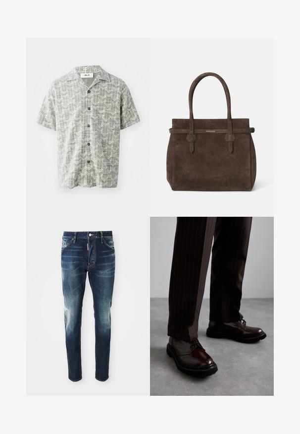 Košeľa s krátkym rukávom svetlosivej farby s geometrickým bielym vzorom. Disponuje výstrihom do "V" a piatimi čiernymi gombíkmi po celej dĺžke prednej strany.; Biela bavlnená tielko bez rukávov s okrúhlym výstrihom, s hladkou textúrou a priliehavým strihom, navrhnuté pre neformálne nosenie.; Tmavomodré džínsy so slim fit strihom, s bledšími miestami na stehnách a kolenách, piatimi vreckami a kovovým zapínaním.; Hnedé kožené šnurovacie topánky s lesklým povrchom, čierna gumová podrážka a jemné švy. Nosené s hnedými prúžkovanými nohavicami.; Tmavohnedá semišová taška s dvoma uchami a horizontálnym popruhom, ktorý obsahuje malú zlatú nášivku s logom DSQUARED2.