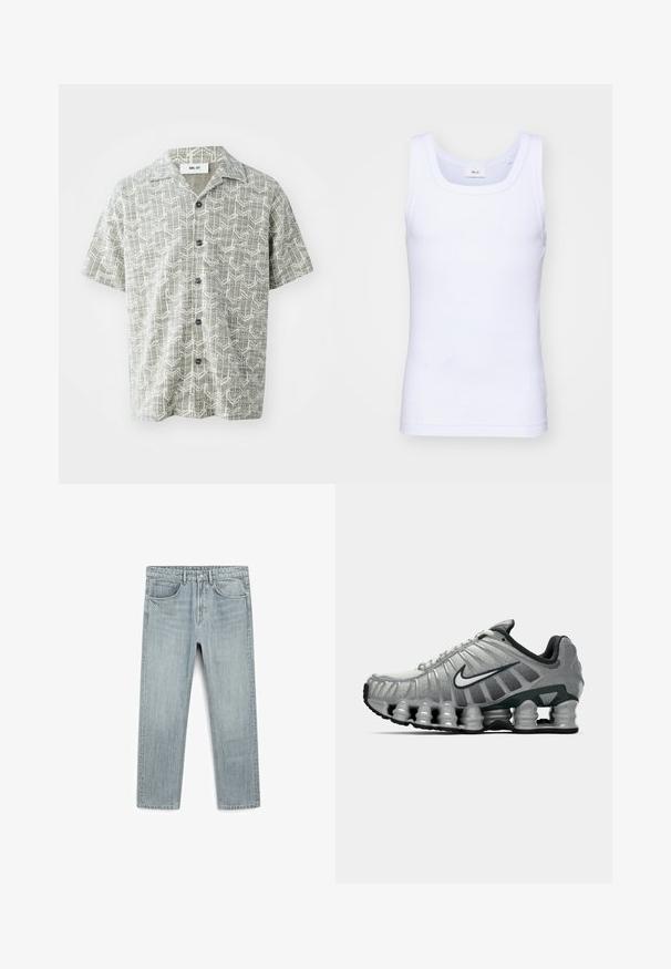 Kortærmet skjorte i lysegrå med et geometrisk hvidt mønster. Har en klippet krave og fem sorte knapper foran.; Hvid bomulds ærmeløs tanktop med rund halsudskæring, der har en glat tekstur og en tætsiddende pasform, designet til casual brug.; Lys blå denimjeans med lige snit, fem lommer og en synlig knap- og lynlåslukning. Glat tekstur med let falmning.; Grå og sort Nike løbesko med synlig fjederlignende dæmpning under sålen og et hvidt swoosh-logo på siden.