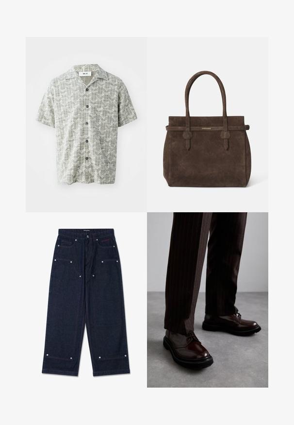 Camicia a maniche corte di colore grigio chiaro con un motivo geometrico bianco. Presenta un colletto a reverse e cinque bottoni neri sul davanti.; Canottiera bianca in cotone senza maniche con scollatura rotonda, caratterizzata da una texture liscia e una vestibilità aderente, progettata per l'abbigliamento casual.; Pantaloni a gamba larga in denim scuro con due tasche frontali, dettagli in metallo argentato e cuciture rosse in contrasto. Caratterizzati da una chiusura a bottone e logo del marchio.; Scarpe stringate in pelle marrone con finitura lucida, suola in gomma nera e cuciture sottili. Indossate con pantaloni marroni a righe.; Borsa a spalla in suede marrone scuro con doppi manici e una tracolla orizzontale, dotata di una piccola placca con il logo DSQUARED2 in oro.