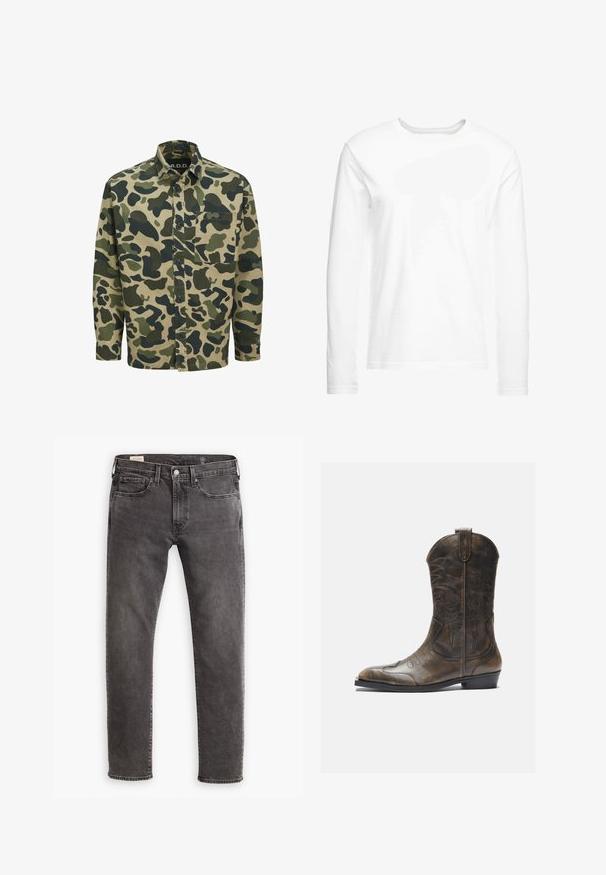 Camouflage shirt met een beige basis en groene en donkergroene abstracte vormen, lange mouwen, knoopsluiting aan de voorkant en een borstzak.; Langsleeve witte t-shirt gemaakt van zachte katoen. Ronde halslijn met rechte zoom en geen zichtbare patronen of graphics.; Grijze denim jeans met een rechte snit, een vijf-pocket ontwerp en een knoopsluiting. Voorzien van subtiele vervaging en tonale stiksels overal.; Bruine leren cowboylaars met een hoge schacht, spitse neus, ingewikkelde stikpatronen en een kleine hak. Gevarieerde afwerking overal.