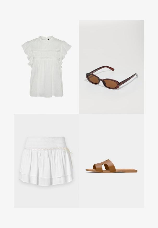 White blouse with short ruffled sleeves, featuring a round neckline and decorative lace trim at the chest. Dotted texture throughout.; White tiered skirt with an elastic waistband, featuring a textured smocking detail and a decorative ribbon accent. Cotton fabric.; Brown flat sandals featuring wide crossed straps made of smooth synthetic material and a flat, minimalistic sole.; Round, brown-tinted sunglasses with a glossy burgundy frame. Slim arms with subtle branding detail. Flat lens design.; Woven straw basket bag with brown leather accents, two handles, and a detachable strap. Curved shape with a sturdy base.