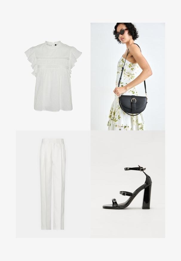 Blusa bianca con maniche corte a volant, caratterizzata da un colletto rotondo e un prezioso bordo in pizzo sul petto. Texture a pois in tutto il capo.; Pantaloni bianchi a righe sottili con un design a gamba dritta, realizzati in un tessuto leggero. Presentano pince sul davanti e una vita tradizionale.; Sandali con tacco in vernice nera, con punta squadrata, cinturini alla caviglia e fibbie in argento. Presentano un tacco a blocco spesso per maggiore stabilità.; Borsa a tracolla nera in pelle con una forma curva, manico rimovibile e accessori dorati. La borsa presenta una patta con un dettaglio a fibbia.