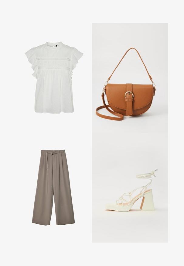White blouse with short ruffled sleeves, featuring a round neckline and decorative lace trim at the chest. Dotted texture throughout.; Wide-leg trousers in a soft, muted grey fabric, featuring a belted waist and pleats for added design detail. Smooth texture, no patterns.; White high-heeled sandal with a chunky heel, featuring a strappy design and ankle tie. Smooth texture with a platform front for added height.; Brown leather crossbody bag with a curved shape, gold hardware, and a buckle accent. Features a detachable shoulder strap.