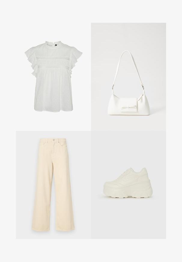 Bela bluza s kratkimi naborkami, ki ima okrogli izrez in okrasno čipkasto obrobo na prsih. Ima pikčasto teksturo po celotni površini.; Bež jeans širokega kroja iz bombaža. Imajo gumbno zapiranje, zanke za pas in sprednje žepe ter gladko, mehko teksturo.; Bele platformske tene z belim zgornjim delom, ki spominja na usnje, okroglo obliko, oblazinjen ovratnik ter gumo z teksturo na podplatu z izrazitimi profili.; Bela sintetična torbica v obliki trikotnika, z ravnim sprednjim poklopcem in detajlom mašne, nastavljivim trakom, gladko teksturo in minimalističnim dizajnom.