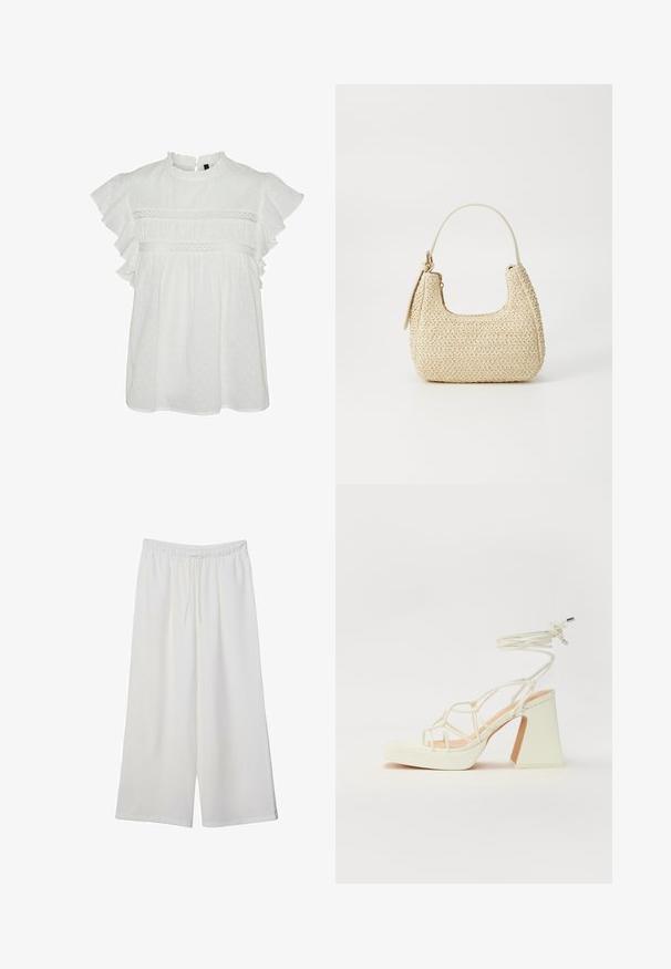 Biała bluzka z krótkimi falbaniastymi rękawami, z okrągłym dekoltem i dekoracyjnym koronkowym wykończeniem na piersi. Całość pokryta kropeczkowym wzorem.; Białe szerokie spodnie wykonane z lekkiego materiału, z elastyczną talią i sznurkiem do regulacji fasonu. Gładka tekstura.; Biała sandał na wysokim obcasie z masywnym słupkiem, z paskowym wzorem i wiązaniem przy kostce. Gładka faktura z platformą z przodu dla dodatkowej wysokości.; Torebka z plecionego słomy w odcieniu beżowym o zaokrąglonym kształcie, z krótkim uchwytem i bocznym zamkiem błyskawicznym. Posiada teksturowaną powierzchnię i minimalistyczny design.