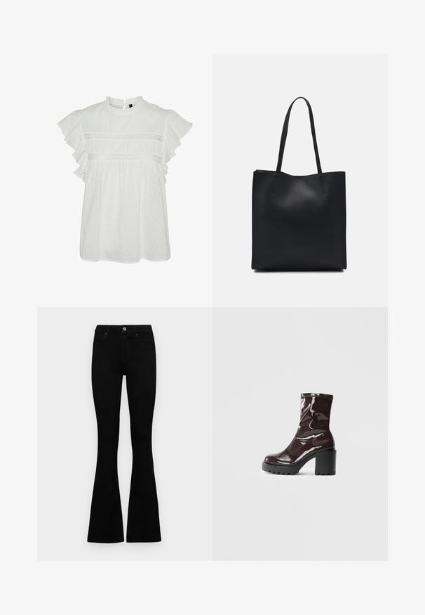Hvid bluse med korte volangærmer, der har en rund halsudskæring og dekorativ blondekant ved brystet. Prikket tekstur hele vejen igennem.; Sorte højtaljede jeans med knap- og lynlåslukning, forlommer og flagrende ben, lagt fladt på en hvid baggrund.; Glatte burgunder ankelstøvler med en chunky sort hæl, der har en glat tekstur og et simpelt design. Ingen synlige lukninger eller mønstre.; Sort læder tote taske med glat tekstur, rektangulær form og to lange hanke. Ingen synlig hardware eller udsmykninger.