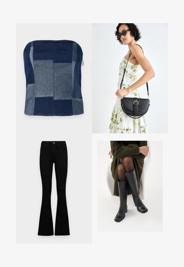 Denim top bez ramienok v námorníckej modrej farbe, obsahujúci patchworkový dizajn s rôznymi odtieňmi, hladkú textúru a detail so zipsom na boku.; Čierne vysoké nohavice s gombíkom a zipsom, predné vrecká a rozšírené nohavice položené na bielom pozadí.; Čierne kožené čižmy po kolená so štvrtým prstom a blokovým opätkom, zobrazené s modelom sediacim v olivovo zelenej bunde. Hladká textúra, minimálne detaily.; Čierna kožená kabelka s zaobleným tvarom, odnímateľným popruhom a zlatými doplnkami. Kabelka má klopu s detailom s prackou.