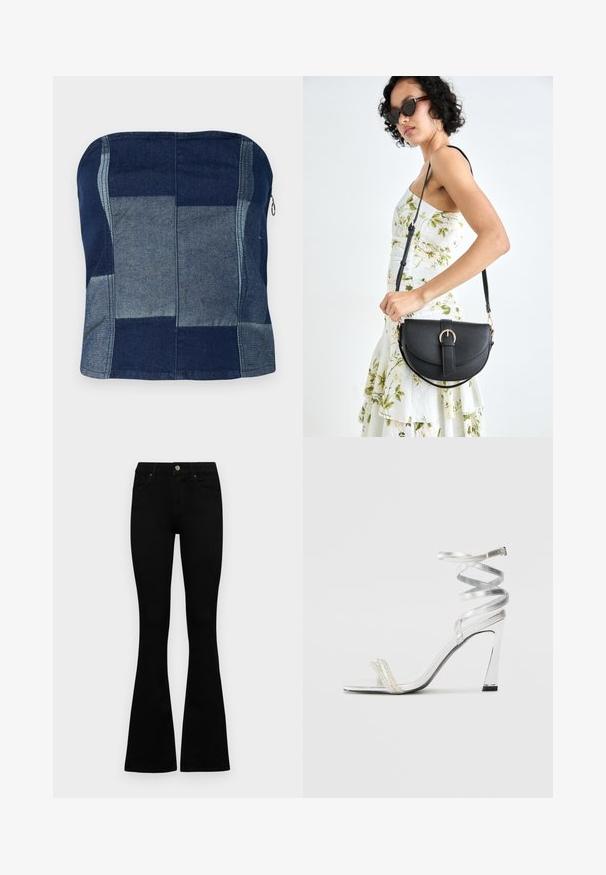 Denim top bez naramenica u tamnoplavoj boji, s dizajnom patchwork koji uključuje različite nijanse, glatku teksturu i detalj bočnog zatvarača.; Crne traperice viskog struka s kopčanjem na gumb i rajfeslusu, prednjim džepovima i širom nogavicama položene su ravno na bijeloj pozadini.; Srebrna sandala na visokoj potpetici s sjajnim dizajnom trake, s akcentom nalik biseru i spiralnom trakicom za gležanj radi sigurnog držanja.; Crna kožna torba s lukovitim oblikom, odvojivim remenom i zlatnim detaljima. Torba ima preklop s kopčom.