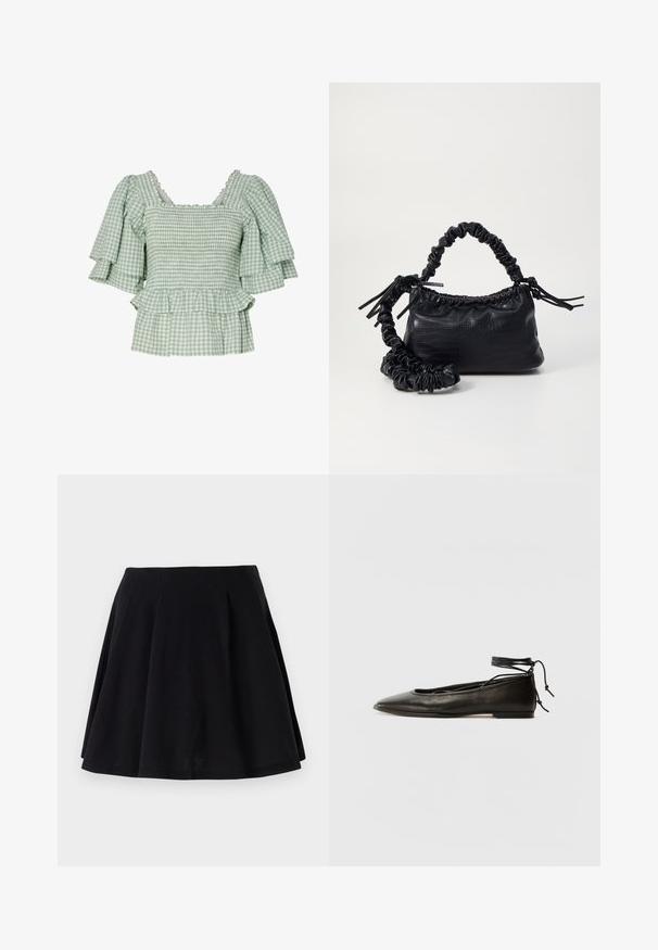 Žaliai ir baltai patikrinta bliauzonė su trumpomis volanėlėmis, smockiniu priekiu ir platėjančiu peplumo apačiu. Papuošta banginiu apykakle.; Juodas medvilnės sijonas su plačiu siluetu, turintis klostes talijos srityje ir lygų paviršių. Tinka kasdieniam dėvėjimui.; Juodi odiniai balerinų bateliai su smailiu pirštu, kulkšnies raiščiu ir plokščiu padu, pasižymintys lygiu paviršiumi ir minimalizmo dizainu.; Juodas dirbtinės odos rankinė su krokodilo tekstūra, sušnibždinta viršuje ir susikraipytu dirželiu. Atrodo minkšta ir kompaktiška.