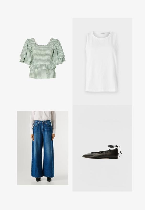 Roheline ja valge ruuduline pluus lühikeste räpase servaga varrukatega, volditud põuest ja laieneva peplum-särgiga. Koonuses kaunistatud sakilise kaelusega.; Valge ilma varrukateta topp, mis on valmistatud pehmest puuvillast. Omab ümmargust kaelust ja sirget lõiget. Ühevärviline disain, ilma nähtavate mustrite või aktsentideta.; Sinine laiemate säärega teksapüksid kõrge vöökohaga, valmistatud denimist, kus on ees taskud ja nööbiga kinnitamine. Sile tekstuur klassikalises pesus.; Must mustast balletijalatsid, millel on terav nina, pahkluu seotud ja lame tall, sujuva tekstuuri ning minimalistlik disain.