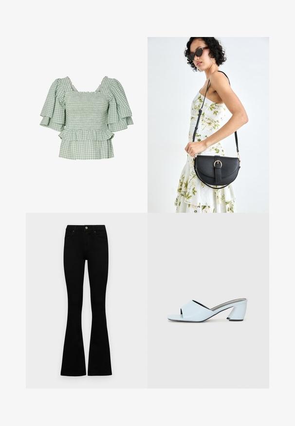 Zeleno-biele kockované blúzka s krátkymi volánovými rukávmi, smockovaným telom a rozšíreným peplum spodkom. Ozdobená je výstrihom s vlnkovým okrajom.; Čierne vysoké nohavice s gombíkom a zipsom, predné vrecká a rozšírené nohavice položené na bielom pozadí.; Svetlomodré otvorené štýlové sandále na vysokom opätku s geometrickým dizajnom, s širokým pásom cez nohu a masívnym, ostrým opätkom.; Čierna kožená kabelka s zaobleným tvarom, odnímateľným popruhom a zlatými doplnkami. Kabelka má klopu s detailom s prackou.