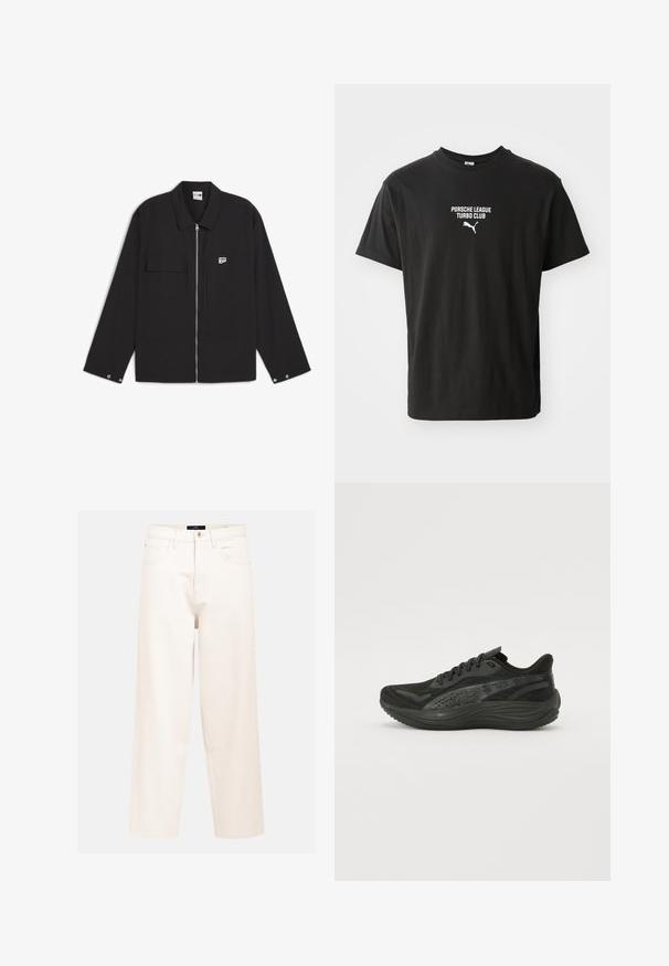 Giacca nera con zip, caratterizzata da un colletto a punta, due tasche frontali e un piccolo patch con logo sul petto. Il tessuto ha una texture liscia.; T-shirt nera in cotone con scollo rotondo, con la scritta bianca stampata "PORSCHE LEAGUE TURBO CLUB" e un piccolo logo Puma sotto.; Jeans ampi beige chiaro in denim di cotone con vita alta, design a cinque tasche e chiusura con un singolo bottone anteriore.; Scarpa sportiva nera con tomaia in mesh testurizzato, lacci piatti e suola ammortizzata con sottili dettagli riflettenti.