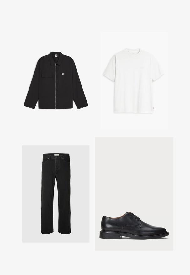 Svart zip-up-jacka med spetskrage, två framfickor och en liten logga på bröstet. Tyget har en slät yta.; Vit bomulls-t-shirt med korta ärmar, rund halsringning och en diskret "Levi's"-logotyp tryckt i ljus färg på framsidan.; Svarta denimjeans med rak passform har en klassisk femficksdesign med knappstängning, minimal sömnad och en mjuk textur.; Svart läderklänningsko med rund tå, snörning och låg staplad klack. Slät yta med minimala sömdetaljer.