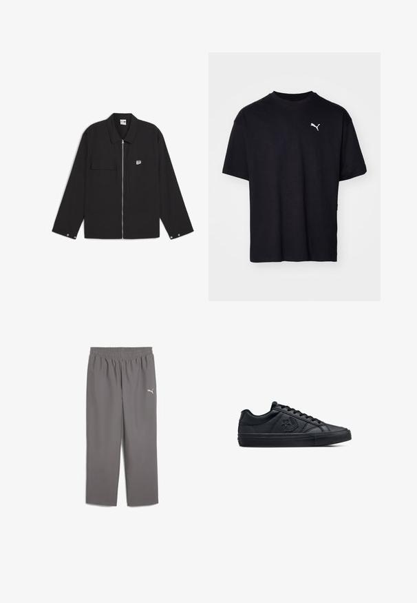 Giacca nera con zip, caratterizzata da un colletto a punta, due tasche frontali e un piccolo patch con logo sul petto. Il tessuto ha una texture liscia.; T-shirt in cotone nero con maniche corte, scollatura rotonda e logo Puma bianco sul lato sinistro del petto. Vestibilità classica, texture morbida.; Pantaloni sportivi grigi con vita elastica, realizzati in tessuto leggero. Presentano un piccolo logo bianco sulla gamba sinistra.; Sneaker neri a basse con tomaia in pelle liscia e suola in gomma testurizzata, dotati di lacci tondi e logo a stella sul lato.