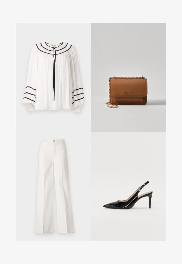 Biała bluzka z długimi rękawami, z czarnymi paskami i plisowanym wykończeniem. Okrągły dekolt z wiązaniem z przodu.; Białe spodnie typu wide-leg wykonane z bawełny o gładkiej fakturze. Posiadają zapięcie na guzik z przodu, zamek błyskawiczny oraz cztery kieszenie.; Czarne lakierowane szpilki typu slingback z szpiczastym noskiem, smukłym obcasem i subtelnym wycięciem. Posiadają złotą klamrę na pasku.; Brązowa skórzana torba na ramię z teksturą, z złotym łańcuszkiem i zapięciem na klapkę. Z przodu znajduje się detal z logo oraz kieszeń pod klapką.