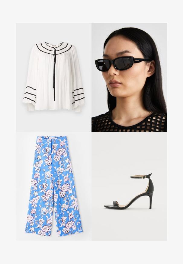 Valkoinen paita pitkillä hihoilla, jossa on mustia raitakoristeita ja pleatattu pinta. Pyöreä pääntie, jossa on solmimisnauha edessä.; Siniset kukkapantsut, joissa on vaaleanpunaisia ruusuja. Kangas on sileä, rento istuvuus, leveät lahkeet ja elastinen vyötärö.; Musta nahkainen korkokenkä nilkkahihnalla. Sen pinta on sileä, avotoppi ja ohut korko. Kultasävyinen solk yksityiskohtana.; Mustat kissankorvakehykset aurinkolasit tummilla linsseillä, kiiltävä muovikehys ja kultainen logoesiintymä temppeleissä. Minimalistinen muotoilu ja kevyt rakenne.