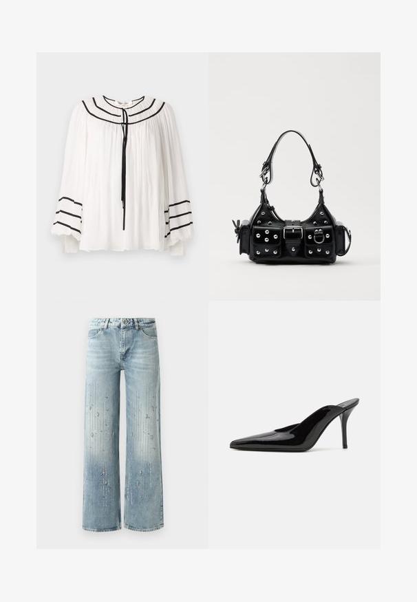 Valge pluus pika varrukaga, millel on mustad triibud ja plekitud tekstuur. Ümara kaelusega ja ees klappi sulgemisega.; Heledad helesinine laiade jalgadega teksad, millel on denimist valmistatud, graadiendiga värviefekt ja hõbedaste silmadega ääristused piki suunda.; Must musta nahkkängad terava ninaga ja sujuva siluetiga, avatud tagusega ja peene stiletto kontsaga.; Must värvi nahast käekott, millel on kaarjas disain, hõbedased nupukesed, kinnitusahe ja kaks külgtaskut. Reguleeritav rihm erinevate kandmisvõimaluste jaoks.