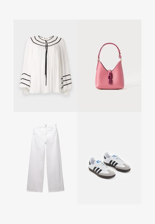Biała bluzka z długimi rękawami, z czarnymi paskami i plisowanym wykończeniem. Okrągły dekolt z wiązaniem z przodu.; Białe dżinsy w stylu wide-leg wykonane z denimu. Posiadają zapięcie na guzik, kieszenie z przodu i z tyłu oraz przeszycia. Gładka tekstura z minimalnymi detalami.; Buty sportowe z białą skórzaną cholewką, szarym zamszowym noskiem i trzema czarnymi paskami. Posiadają niebieskie logo na języku oraz teksturowaną gumową podeszwę.; Różowa skórzana torebka o strukturalnym kształcie, z błyszczącym zapięciem i jedną regulowaną rączką. Teksturowana powierzchnia z złotymi akcentami.