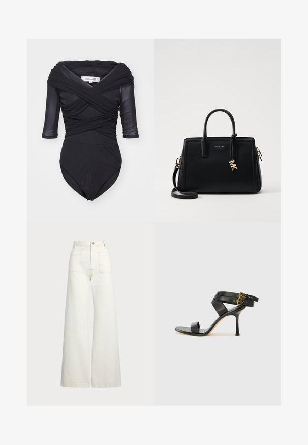 Diane von Furstenberg ALEX - Pluus - black; Laiad teksad heledast denimist. Kõrge vöökoht, nööbivöö, kaks esikotitäit ja kontrastsed õmblused.; Mustad mustand koos ristatud rihmade ja reguleeritava pandlaga. Omab siledat tekstuuri ja kitsenevat stiletto kontsa.; Musta nahast käekott struktureeritud disainiga, kahekordsete ülemiste käepidemetega, eemaldatav õlavööt, kuldne riistvara ja logotäht aktsent.