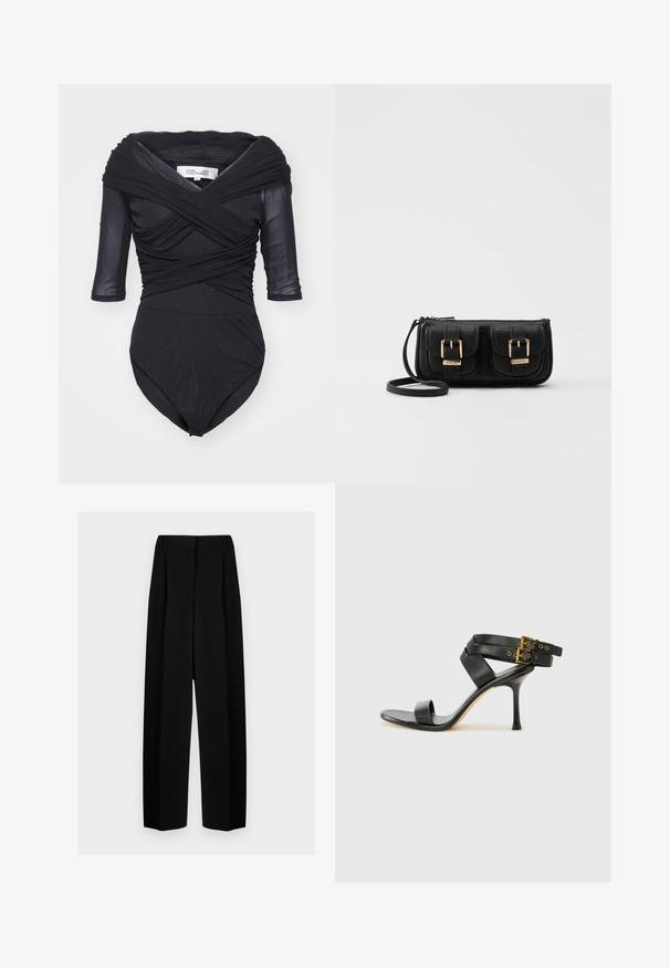 Diane von Furstenberg ALEX - Blouse - black; Black wide-leg trousers with a high waist, featuring pleats and a smooth texture. The fabric appears lightweight and drapes elegantly.; Black heeled sandal with crossed straps and adjustable buckle. Features a smooth texture and tapered stiletto heel.; Black leather crossbody bag with two front pockets, gold buckles, zipper closure, and a slim strap. Textured surface and compact rectangular shape.