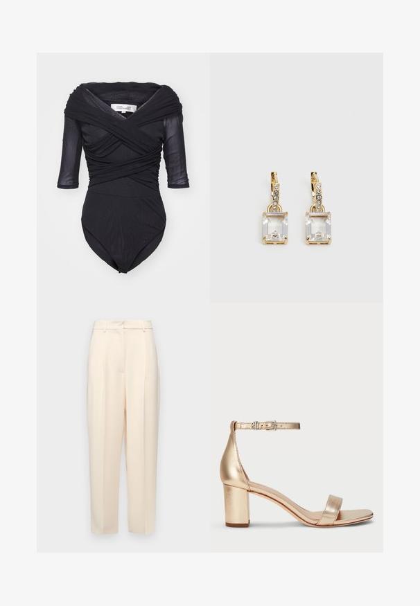 Diane von Furstenberg ALEX - Bluse - black; Beige skreddersydde bukser med rett passform, med folder foran, en glatt tekstur og midjehøyde. Ingen synlige lommer.; Lauren Ralph Lauren LOGAN METALLIC NAPPA LEATHER SANDAL - Sandaler - platinum; Gullfargede øreringer med en rektangulær, klar krystall som henger under en rad av små, runde klare akenter. Elegante, moderne design.