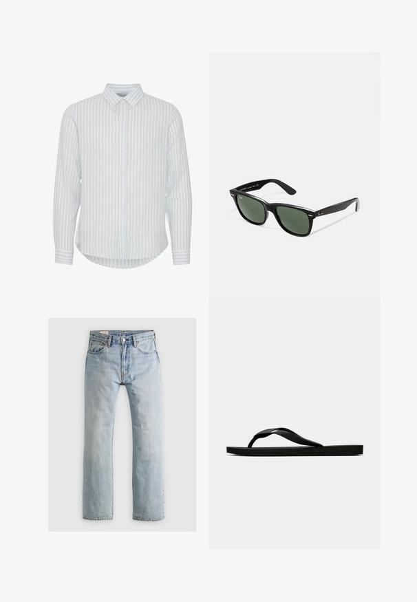 Hellblau- und weiß gestreiftes Langarmhemd mit Button-Down-Kragen und abgerundetem Saum. Hergestellt aus einem leichten Stoff.; Hellblaue Jeans aus Denim mit geradem Bein, fünf Taschen und Kontrastnähten. Verfügt über einen Reißverschluss und einen Metallknopfverschluss.; Schwarze Gummi-Flip-Flop-Sandale mit einem strukturierten Riemen und einfacher flacher Sohle, von der Seite auf einem schlichten hellen Hintergrund dargestellt.; Schwarze Plastiksonnenbrille mit grünen Gläsern, quadratischen Rahmen, silbernem Akzent auf der Augenbraue und strukturierten Bügeln. Angegebene Marke auf dem inneren Bügel.