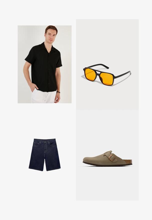 Korte mouwen zwarte overhemd met een geribbelde textuur, puntige kraag en rechte zoom. Draagt over witte broeken, met een casual pasvorm.; Donkere blauwe denimshorts met een klassieke snit, vijf zakken en contrasterende stiksels. Glad textuur met een stevige tailleband.; Bruine klompen met een gladde, matte afwerking. Beschikt over een opvallende bronzen gesp aan de zijkant. Korken voetbed en rubberen buitenzool voor comfort.; Zwarte rechthoekige zonnebril met gedurfde oranje glazen. Heeft een uniek brugontwerp en slanke armen, vervaardigd uit lichtgewicht materiaal.; Zwarte stoffen tas met een gestructureerd, gewatteerd patroon. Rondvormig, korte, dikke handvatten en een zachte, flexibele structuur.