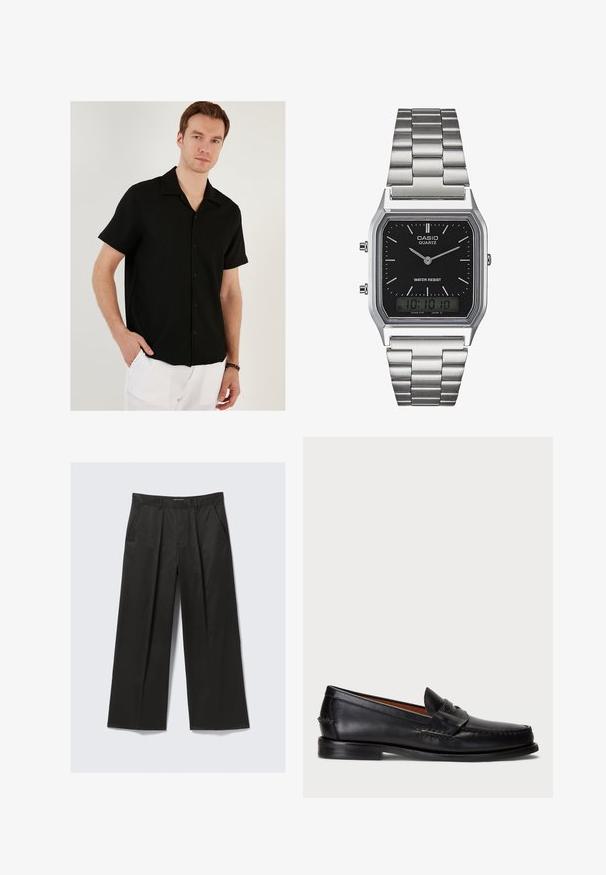 Černá košile na knoflíky s krátkým rukávem, ribbovanou texturou, špičatým límcem a rovnými lemy. Nositelná přes bílé kalhoty, s volným střihem.; Černé kalhoty s širokými nohavicemi a hladkým povrchem, které mají dvě přední kapsy a mírně zvýšený pas.; Černé kožené mokasíny s kulatou špičkou, prošívanými detaily a dekorativním páskem přes přední část. Plochá podrážka s minimálním profilem.; Stříbrné nerezové ocelové hodinky s quartzovým strojem a černým obdélníkovým ciferníkem, které mají analogové ručičky, digitální displej a označení voděodolnosti.