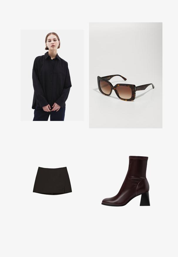 Camicia nera con colletto, maniche lunghe e vestibilità comoda. Realizzata in tessuto morbido, presenta una leggera lucentezza e nessun motivo.; Maglione a collo alto nero realizzato in tessuto elasticizzato. Presenta maniche lunghe, un design aderente e una superficie liscia senza motivi o decorazioni.; Mini gonna nera con taglio dritto e leggero spacco laterale. Realizzata in tessuto morbido, presenta un orlo pulito e un design minimalista.; Stradivarius BLOCK - Stivaletti - dark red; Occhiali da sole tartarugati marroni con lenti grandi e quadrate. Graduale tinta marrone, montatura in plastica liscia, accentuata da piccoli rivetti metallici.
