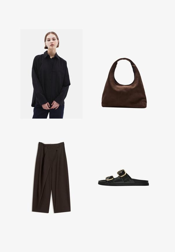 Czarna koszula z guzikami, z kołnierzykiem, długimi rękawami i luźnym krojem. Wykonana z gładkiego materiału, o subtelnym połysku i bez wzorów.; Ciemnobrązowe szerokie spodnie o wysokim stanie, z pojedynczym zapięciem na guzik i plisowanym przodem. Wykonane z lekkiego materiału.; Czarne klapki z dwoma złotymi klamrami, gładki materiał, płaska podeszwa i minimalistyczny design.; Miękka, brązowa torebka w stylu hobo z jedną szeroką rączką i wyprofilowanym otwarciem, wyeksponowana na białym tle.