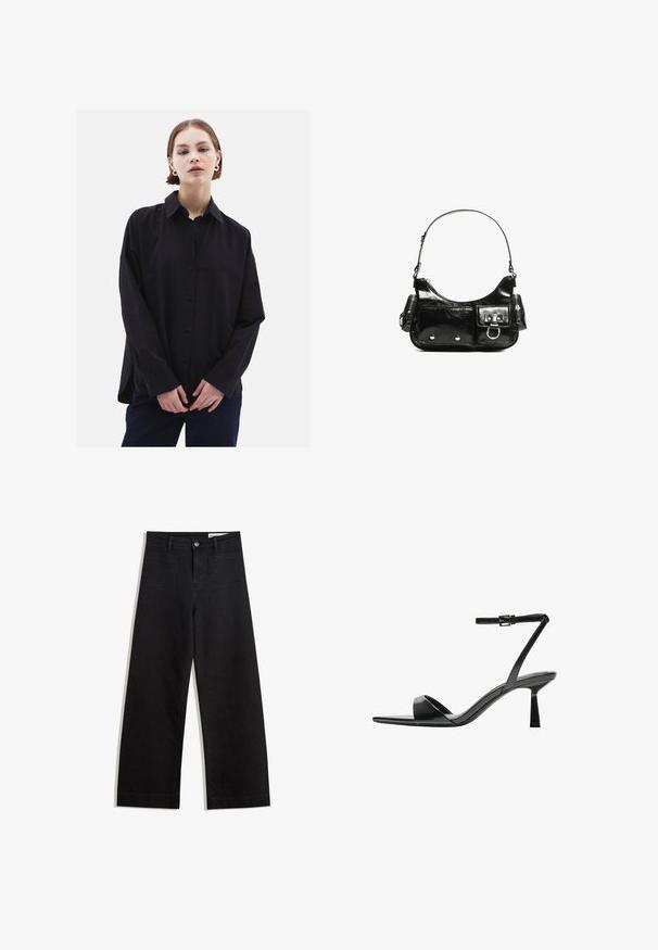 Black button-up shirt with a collar, long sleeves, and a relaxed fit. Made from smooth fabric, featuring a subtle sheen and no patterns.; Black wide-leg denim pants with a high waist, featuring front and back pockets, stitched seams, and a button closure. Smooth texture.; Bershka High heeled sandals - black; Black patent leather handbag with a curved shape, one shoulder strap, front pockets, and silver-tone hardware accents.